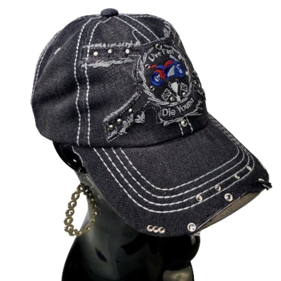 Live Fast Die Young Charcoal Denim Distressed Cap with Stud& Swarovski Crystals. - Picture 4 of 6